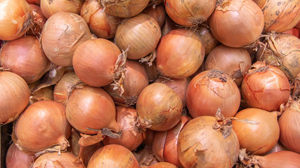 Closeup of many organic bulb onions and dry red onions on the shelf display for sale in the local grocery store for background. Fresh vegetables concept.