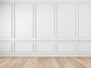 Modern classic white empty interior with wall panels, molding and wooden floor. 3d render illustration mock up.