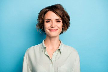 Closeup photo of attractive cute business lady short bob hairstyle smiling good mood responsible...