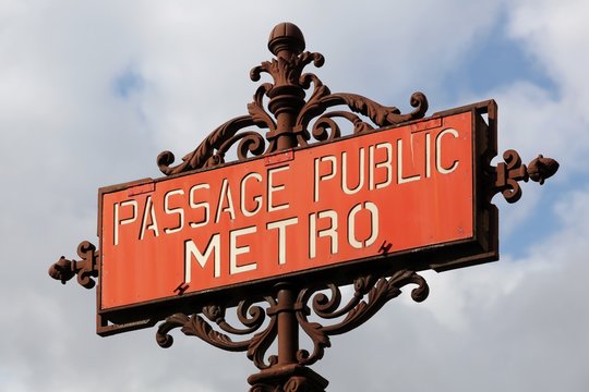 Paris, France - March 25, 2016: Vintage Metro Sign In Paris At Subway Station Entrance, France