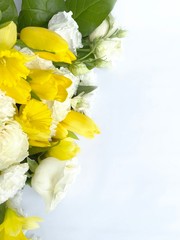 Big bouquet of yellow and white flowers on white background