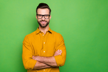 Close-up portrait of his he nice attractive cheerful cheery bearded guy in casual formal shirt...