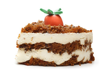 Slice of cream cake with marzipan decoration