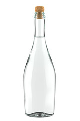 White Clear Glass Bottle of Sparkling Wine or Champagne. 3D Render Isolated on White Background.