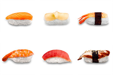 Nigiri Sushi set isolated on a white background.