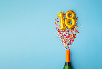 18th anniversary champagne bottle balloon pop - obrazy, fototapety, plakaty