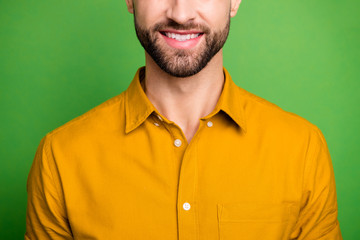 Cropped close-up portrait of his he nice attractive content cheerful cheery bearded guy wearing...