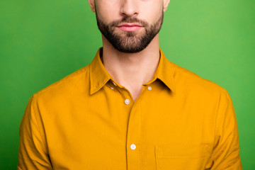 Cropped close-up portrait of his he nice attractive content serious bearded guy wearing formal shirt isolated over bright vivid shine vibrant green color background