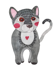 Watercolor gray cat sits alone on a white background.
