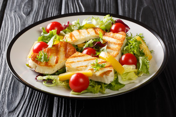 Serve grilled halloumi salad with fresh vegetables close-up on the plate on the table. horizontal