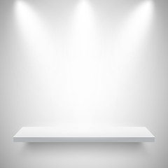 Illuminated realistic wall shelf. Empty store rack. Studio background with spotlights. Vector illustration.