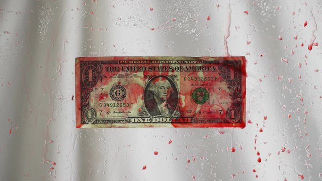 Blood money. The banknote face value 1 dollar. The theme of hired murder and corruption. Behind clear glass covered with red drops