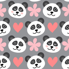 Seamless pattern with cute panda face, hearts and flowers