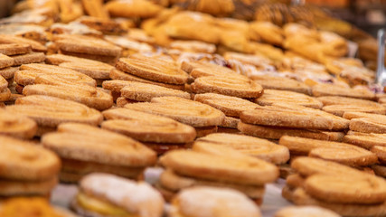 Variety of baked products at a supermarket