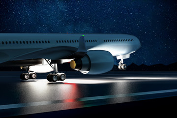 Plane flying on the runway at the airport. Template, mockup, design.