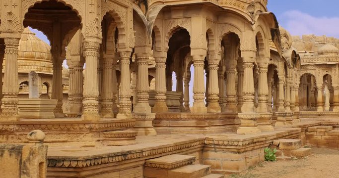 Bada bagh cenotaphs (Hindu tomb mausoleum) made of sandstone in Indian Thar desert. Jaisalmer, Rajasthan, India