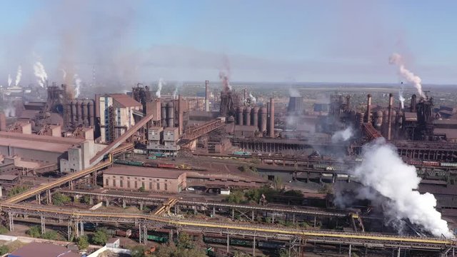Aerial view of a metallurgical plant. Environmental pollution.