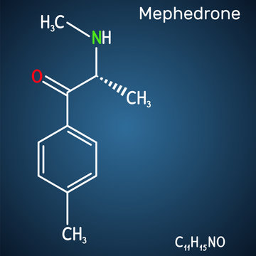 Mephedrone, 4-methyl methcathinone, 4-MMC, 4-methyl ephedrone, C11H15NO molecule. It is synthetic stimulant, entactogen drug of the amphetamine and cathinone classes. 