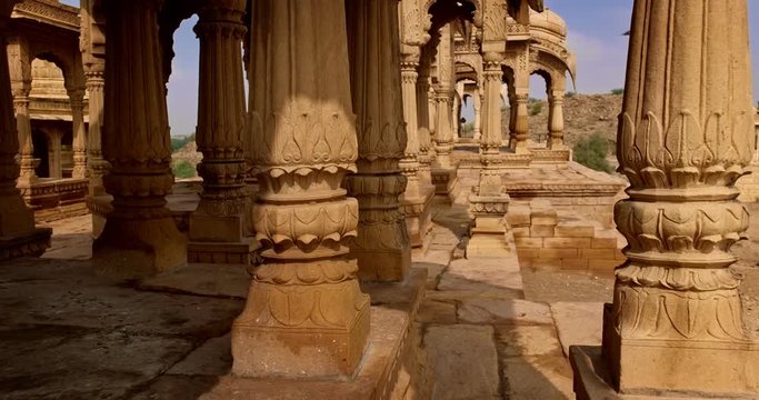 Bada bagh cenotaphs (Hindu tomb mausoleum) made of sandstone in Indian Thar desert. Jaisalmer, Rajasthan, India