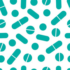 Seamless pattern of tablets and pills.Simple flat style.Medicines, pharmaceutical,pharmacy, treatment, vitamins, supplements.Vector stock illustration