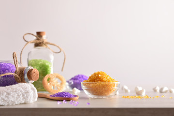 Bath salts for body wellness on table white isolated background