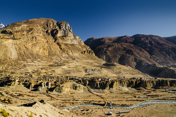 Manang village. Marshyangdi river valley, Annapurna circuit trek, Nepal.