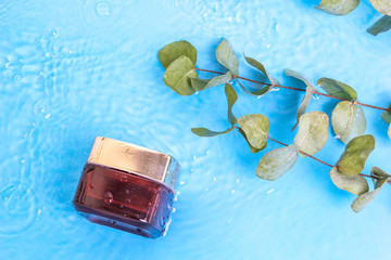 Blank cream jar anti-aging collagen facial with eucalyptus leaves on blue water surface of pool, top view. Concept summer cosmetics. Natural organic beauty product