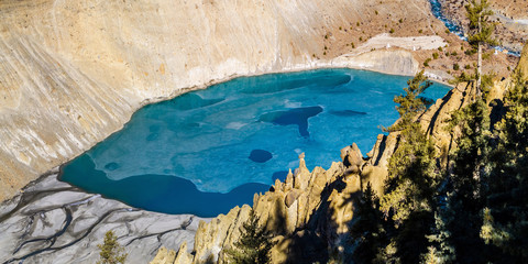 Top view of the Gangapurna Tal lake near Manang village in Marshyangdi river valley. Annapurna...