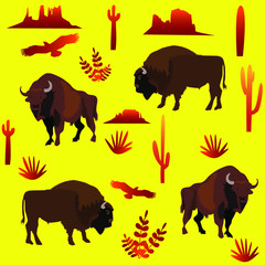 Vector background with bison, cacti, eagles, lonely rocks and plants.