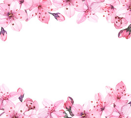 Watercolor hand painted sakura cherry blossom flowers illustration frame border isolated on white background