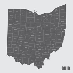 A map of the Ohio State and its counties with labels - obrazy, fototapety, plakaty