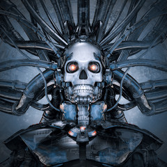 Terminal data stream / 3D illustration of science fiction cyberpunk skull faced robot connected to computer core
