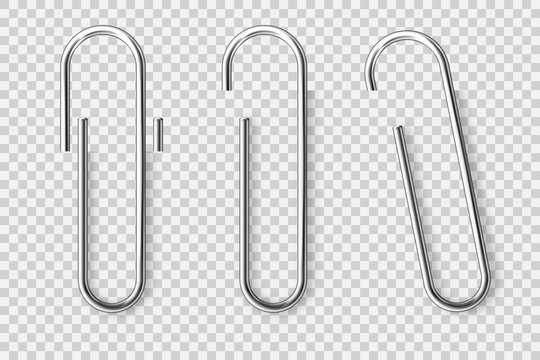 Realistic tilted metal paper clip. Page holder, binder. Vector illustration.