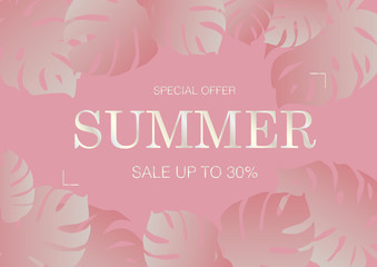 Luxury rose gold and pink summer beach e-commerce sale card background with monstera leaves