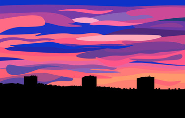 Obraz premium Urban skyline at sunset. Dark silhouettes of city buildings. Pink clouds.