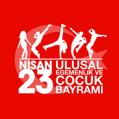April 23 Turkish national ataturk festival banner cocuk baryrami 23 nisan, tr: April 23 Turkish National Sovereignty and Children's Day, friendship kids silhouette with Turkey flag isolated on red