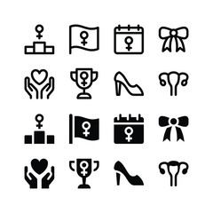 Simple Set of Woman Day Vector Glyph and Line Icons including podium, waving flag, calendar, bow tie, care, trophy, high heel, uterus