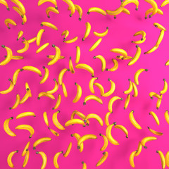 Lot of bananas falling in a random pattern on a bright pink background, 3d illustration