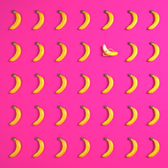 Pattern of bananas in an array of columns and rows on a brigth pink background, 3d illustration.