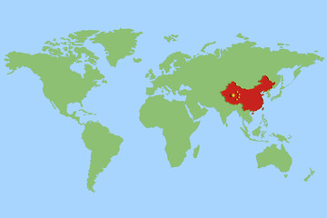 Map of the world showing republic of china isolated of the rest of the world because of the coronavirus that is represented as china flag, concept 3d illustration