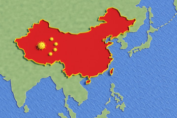 Map republic of china isolated of the rest of the world because of the coronavirus that is represented as china flag, concept 3d illustration