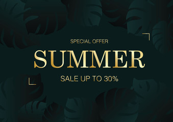 Luxury black and green summer beach e-commerce sale card background with monstera leaves