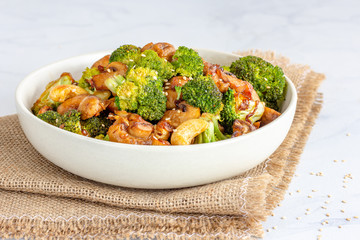 Stir-Fried Broccoli and Mushroom in a Bowl Close Up Photo, Vegan Food