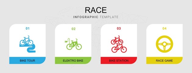 4 race filled icons set isolated on infographic template. Icons set with Bike tour, elektro bike, bike station, Race game icons.