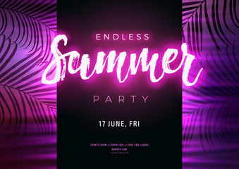Dark purple neon tropical summer party flyer with copy space. Modern blurs and gradients. Electric glow and palm leaves background. Vector illustration.