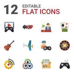 12 play flat icons set isolated on white background. Icons set with Game streaming, gambling, Video streaming, Guitar playing, Aeromodeling, poker, Streaming software, Casino icons.