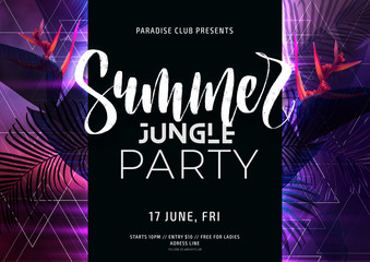 Dark purple neon tropical summer party flyer with banana palm leaves and jungle flowers. Modern blurs and gradients. Electric glow background with copy space. Vector illustration.
