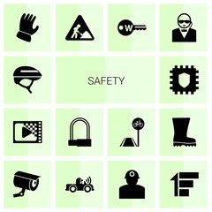 14 safety filled icons set isolated on white background. Icons set with Helmet, Encoding, Bike padlock, Cryptography, Garden gloves, construction works, Keyword, security icons.