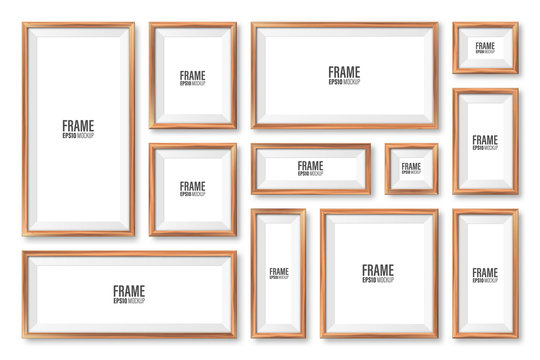 Realistic blank wooden picture frames collection. Modern poster mockup. Empty photo frame with texture of wood. Art gallery. Vector illustration.