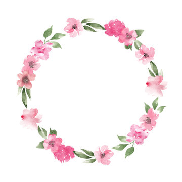 Watercolor illustration wreath with spring flowers and leaves isolated on white background